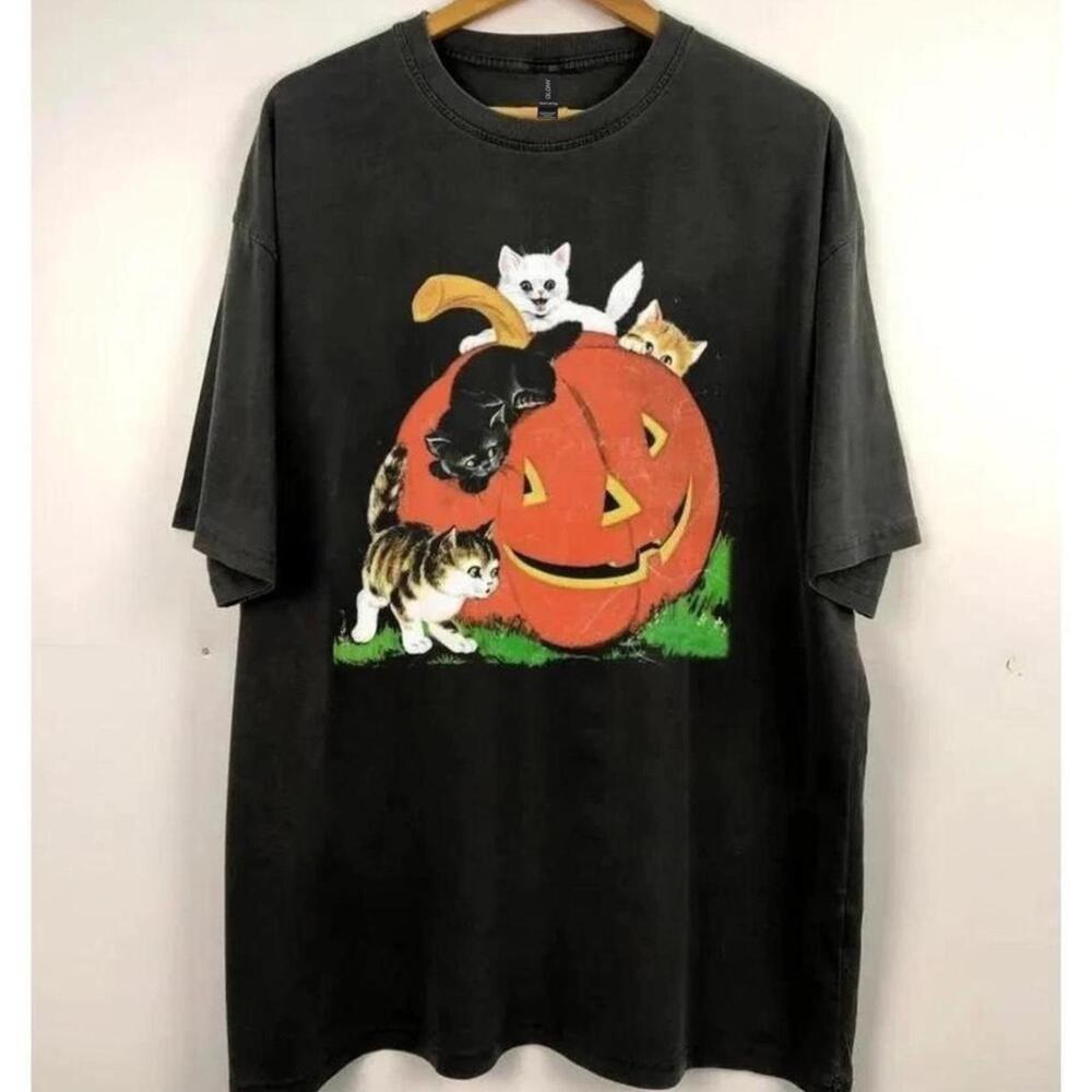 90S Black Cotton Halloween Shirt With Kittens And Pumpkin